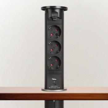 Motoros rejtett elosztó - fekete, 3 x 250 V + USB-A, Type-C kép