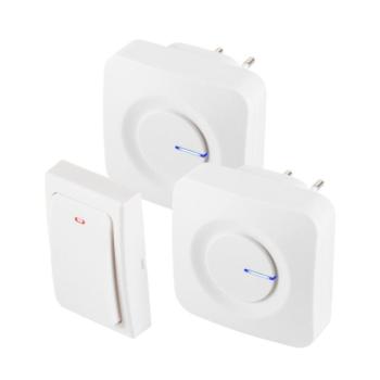 HOME DBKS1001AC vezeték és elem nélküli csengő készlet, 1x nyomógomb + 2x csengő, 100m hatótáv, 36 dallam, szabályozható hangerő, IP44, fényjelzés, ki kép