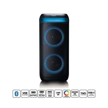 Lenco PA-210BK Bluetooth 5.3 bulihangszóró beépített világítással , TWS, 100W erősítővel, 2x mikrofon bemenet kép