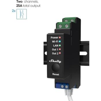 Shelly Pro 2PM, kapcsolómodul DIN-sínre, 2×16 A, fogyasztásmérés, LAN, WiFi, Bluetooth kép
