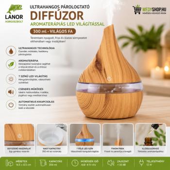 Ultrahangos párologtató diffúzor aromaterápiás LED világítással 300ml – világos fa kép