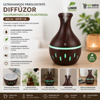 Ultrahangos párologtató diffúzor tulipánnyakú LED világítással 300 ml – sötét kép